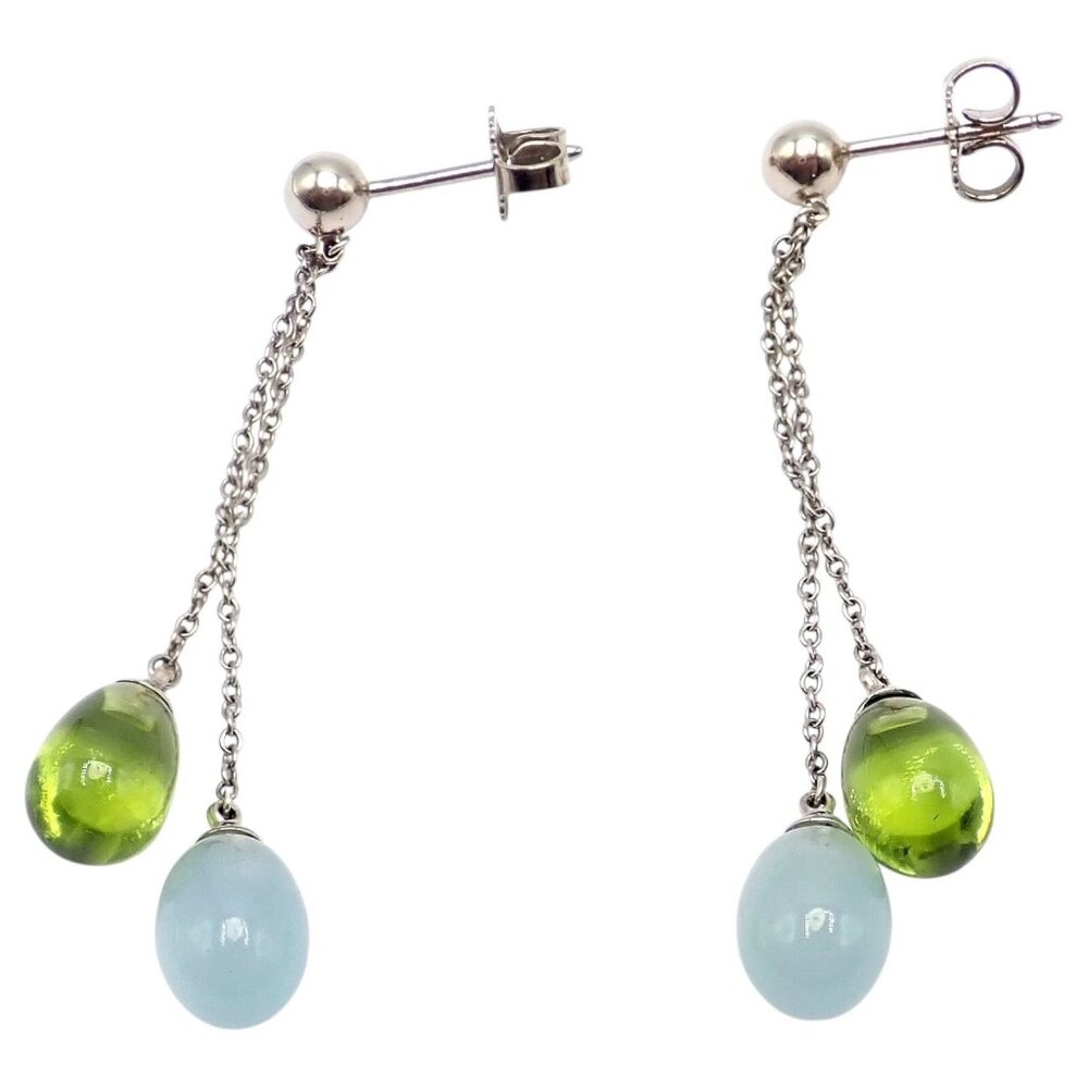 Authentic! Tiffany & Co 18k White Gold Rainbow Drop Peridot Chalcedony Earrings
